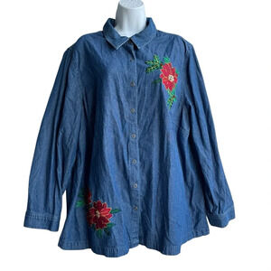 Liz & Me Denim Embroidered Chambray Poinsettia Shirt Plus 1X Long Sleeve Blue